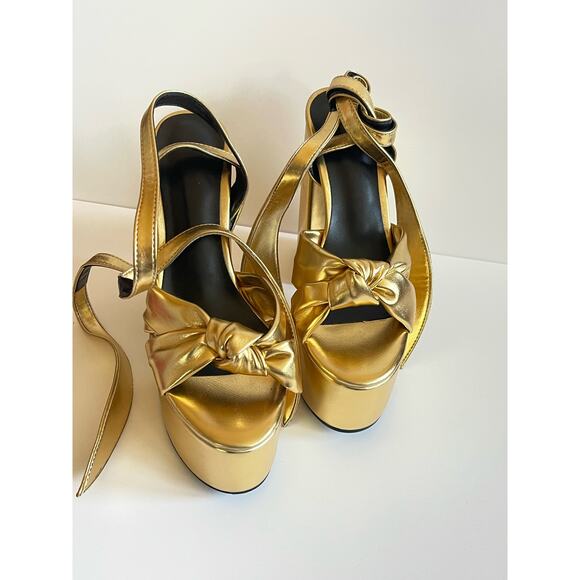 Metallic Lace Up Chunky Heel Platform Heels Open Toe Size 37 or 6.5 - Picture 3 of 11